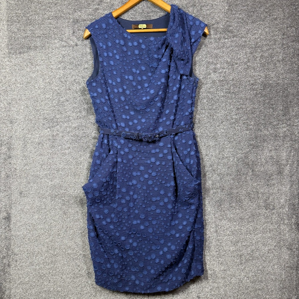 Eva Franco Dress Size 8 Navy Blue Fil Coupe Polka Dot Bow Sheath Dress with Belt